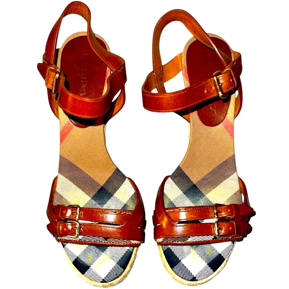 Burberry Tan Leather Check Canvas Espadrille Wedge Sandals Italy Size 35 in GUC